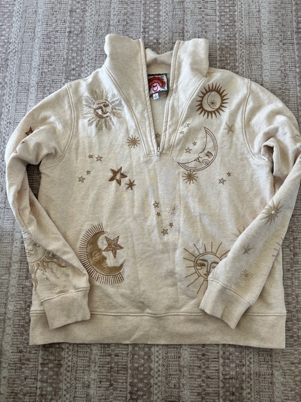 Johnny Was Cream Quarter-Zip Sweatshirt with Brown Celestial Embroidery